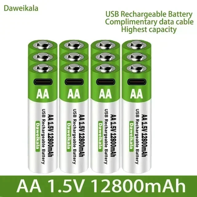 2024 New 1.5V AA USB Rechargeable Battery 12800 mAh Li-ion Battery for Remote Control Mouse Electric Toy Battery + Type-C Cable