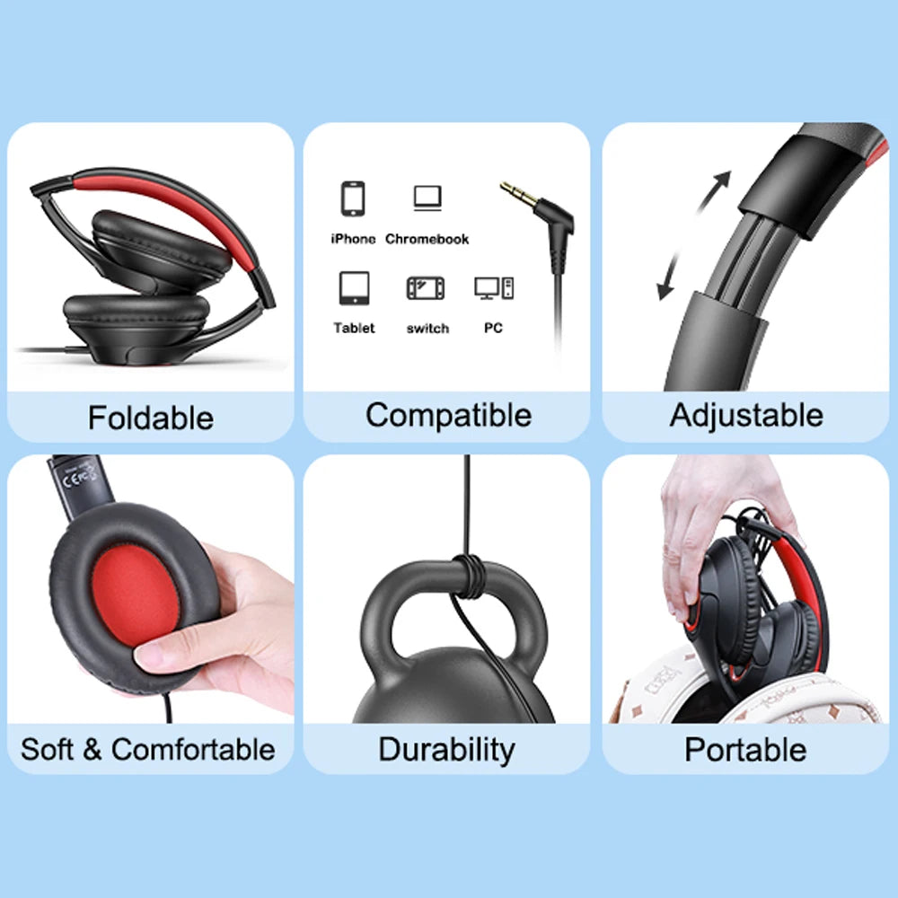 New Bee Kids Headphones Wired Headphone Schools Safe Volume 94db Foldable Headphone Soft Ear Pad Libraries Study Music Chidren