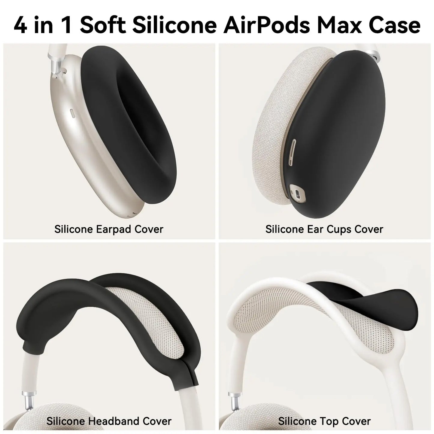 4 in 1 Silicone Case Cover for AirPods Max Headphones, Ear Pad Case Cover/Ear Cups Cover/Headband Cover for AirPod Max -Black