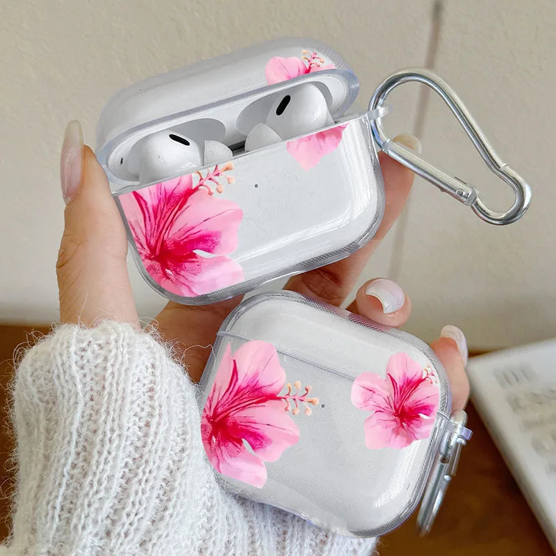 Pink Hibiscus Flower Clear Case for AirPods 4/3/2/1 Earphone Case with Carabiner,Airpod Pro2/Pro3/Pro Shockproof Headphone Case
