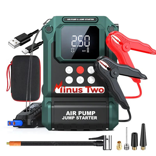 2000A Portable Power Station: Car Jump Starter with 180PSI Air Pump, Dual USB Power Bank & Emergency Booster Kit.