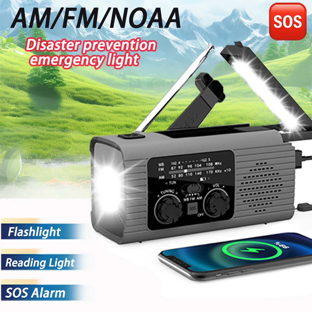 SOS Alarm Emergency Hand Crank Radio AM/FM NOAA Solar Power USB Chargeable 4000mAh Power Bank Portable Radio with LED Flashlight