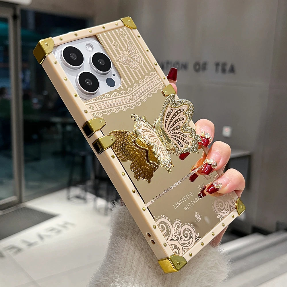 Luxury Diamond Butterfly Bracket Stand Phone Case For iPhone 16 15 Pro Max 14 13 12 11 Mirror Shockproof Protection Bumper Cover