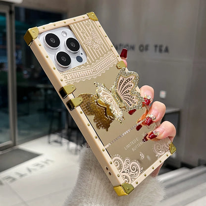 Luxury Diamond Butterfly Bracket Stand Phone Case For iPhone 16 15 Pro Max 14 13 12 11 Mirror Shockproof Protection Bumper Cover