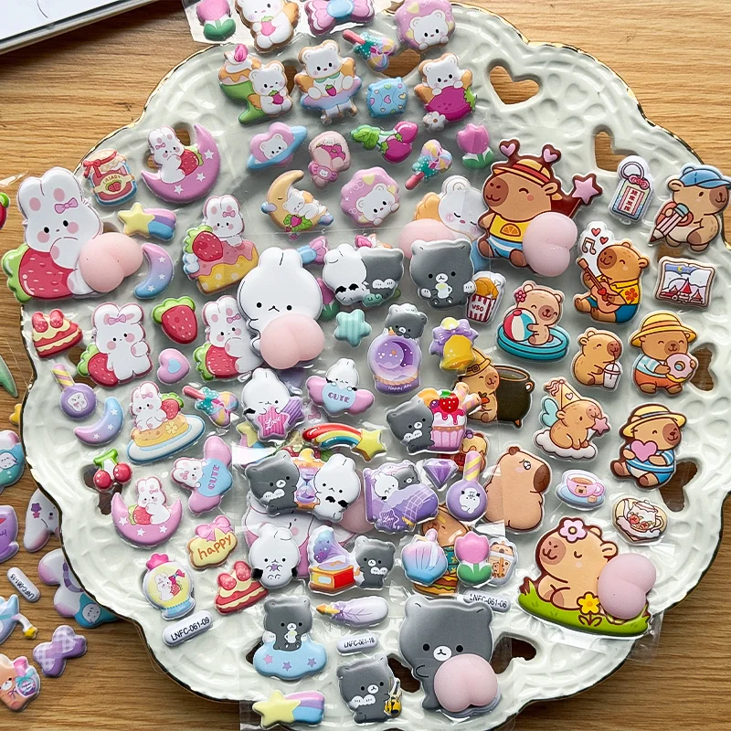 2sheets Cartoon Sticker 3D PVC Hollow Puffy Squishy Rabbit Capybara Bear For Phone Case Laptop Decoration Journal DIY Collage