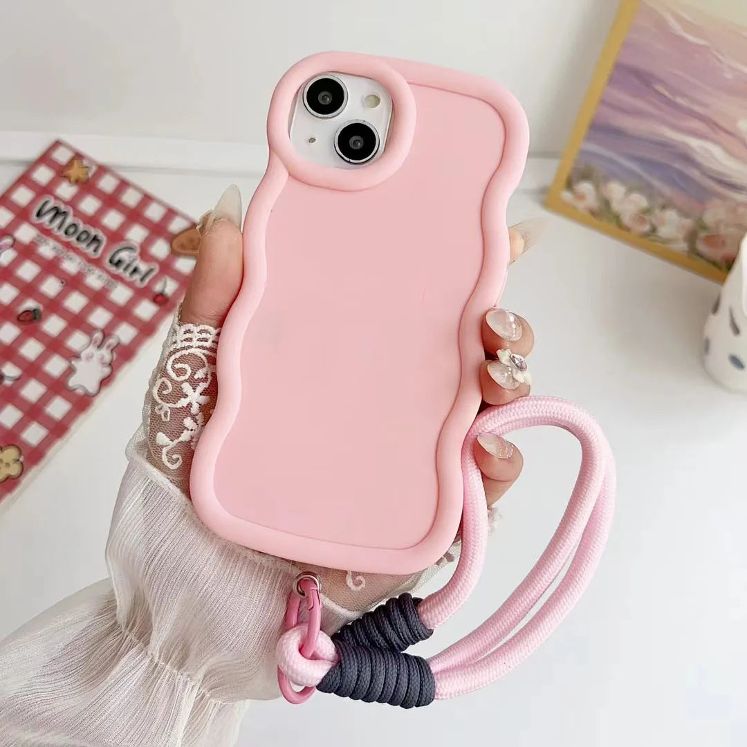 S24FE Cute Pure Color Wave l Hand Strap Case For Samsung S23FE S24 S24U S23 S22S21FE S20FE M55 M54 Bumper Shockproof Cover