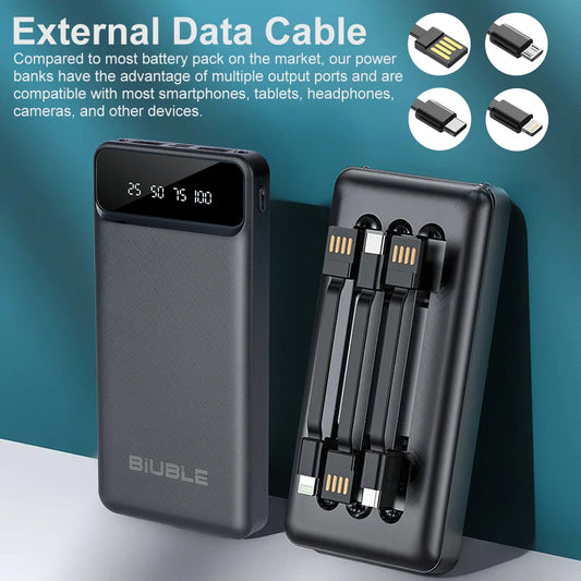 Power Bank High Capacity External Battery Fast Charger with 4 cable and LED Light for iPhone