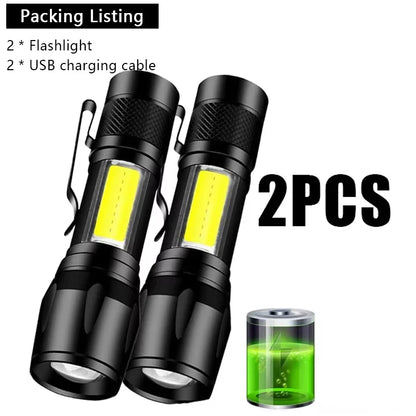 USB Rechargeable Mini Flashlight COB+XPE Portable Built-in Battery Zoomable Small Torch 3 Mode Camping Emergency Flashlights