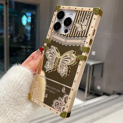 Luxury Diamond Butterfly Bracket Stand Phone Case For iPhone 16 15 Pro Max 14 13 12 11 Mirror Shockproof Protection Bumper Cover