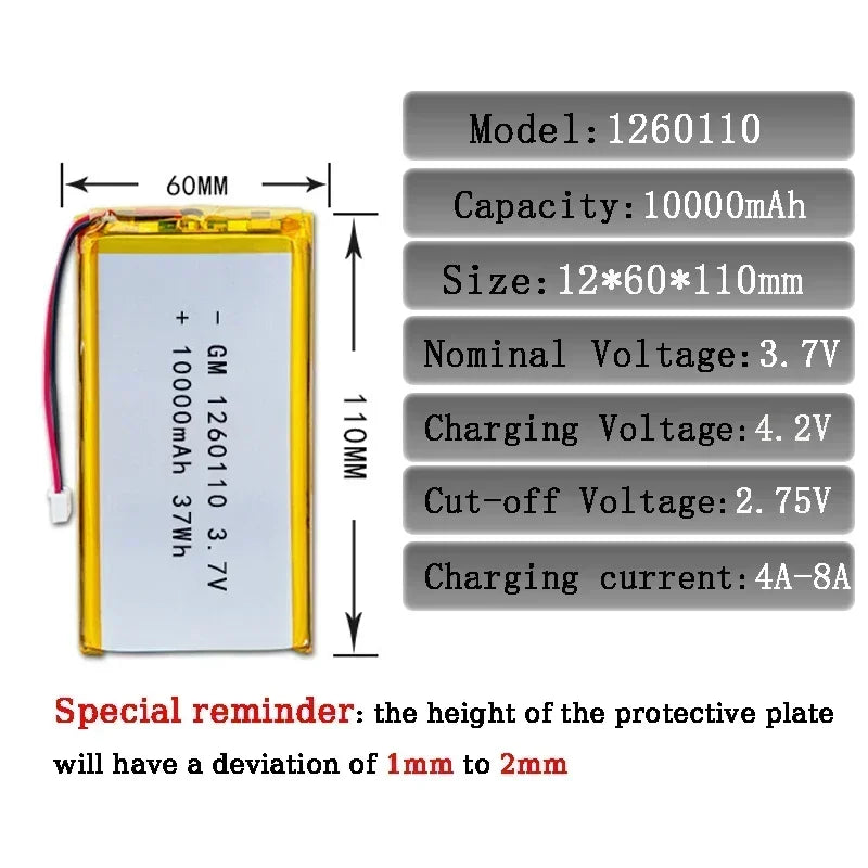 1-10PCS 10000mAh Polymer Lithium Battery 1260110 3.7V Rechargeable Battery for Toy Power Bank GPS Laptop Camping Lights Diy NEW