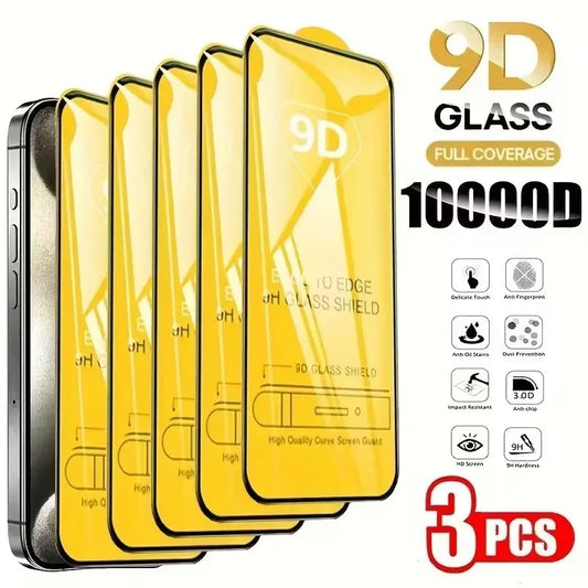 3PCS 9D Tempered Glass For iPhone 16 15 Plus XR X XS Max Screen Protector For iPhone 17 15 11 12 13 14 Pro Max Protective Film