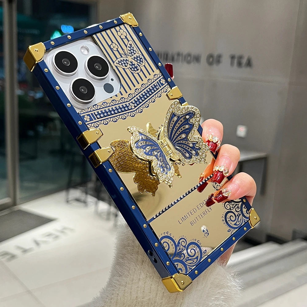 Luxury Diamond Butterfly Bracket Stand Phone Case For iPhone 16 15 Pro Max 14 13 12 11 Mirror Shockproof Protection Bumper Cover