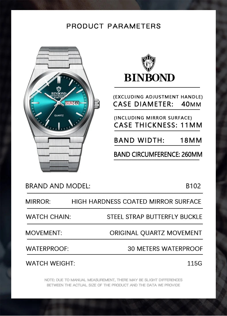 BINBOND Fashion B102 Men Business Watch Leisure Quartz Stainless Steel Buckle Watches Waterproof Luminous Calendar Men's Watches