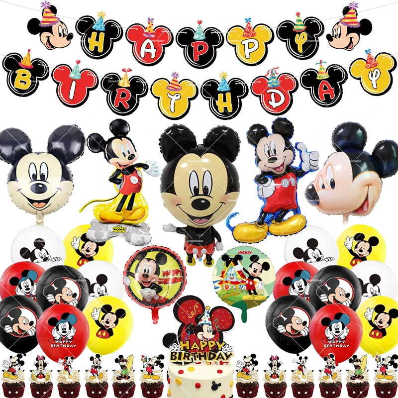 Mickey Balloon Cartoon Mouse Minnie Decorations Party Happy Birthday Banner Cake Topper Disposable Tableware Background Gift Bag