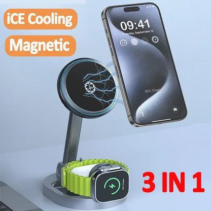 Ice Cooling 3 in 1 Magnetic Wireless Charger Stand Pad Foldable Fast Charging Dock for iPhone 15 14 13 12 Pro IWatch 8 7 Airpods