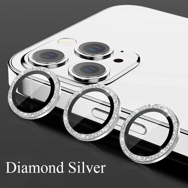 Glitter Camera Lens Protector For iPhone 15 Pro Max 14 11 12 13 Mini 9H Tempered Glass Screen Protector Cover Film Metal Ring