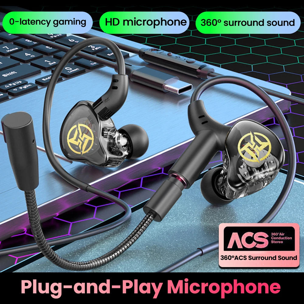 Type C/3.5MM Gaming Earphones Ear Wrap Dual Microphone Sound Recognition Earphones Wired Gaming Earphones