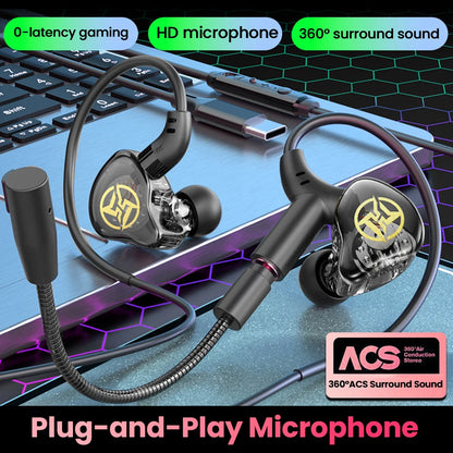 Type C/3.5MM Gaming Earphones Ear Wrap Dual Microphone Sound Recognition Earphones Wired Gaming Earphones