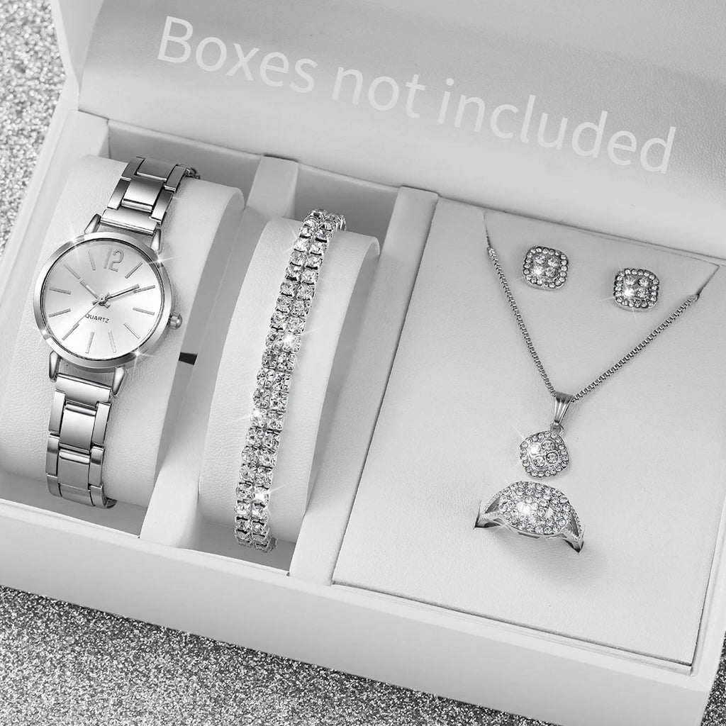 6PCS/Set Fashion Women's Quartz Watch Stainless Steel Band Wrist Watches Diamond Jewelry Set(Without Box)