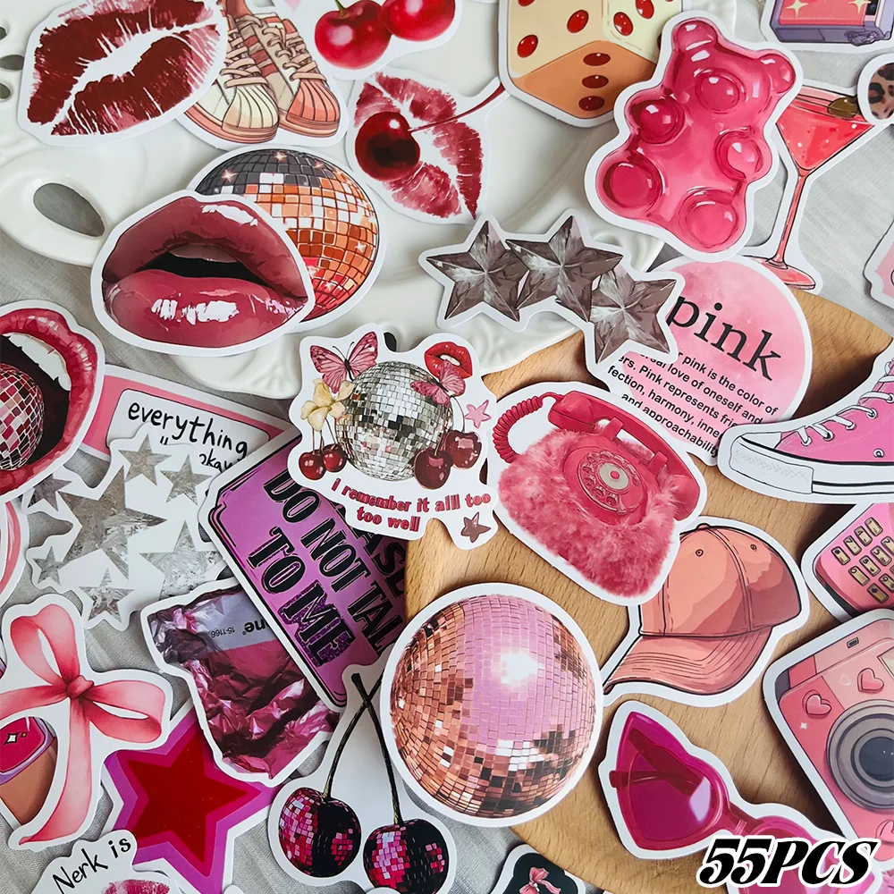55pcs Pink Y2K Girl Stickers Waterproof PVC Gift Cartoon Decorations Scrapbook Notebook Bag Water Bottle Phone Case DIY Stickers