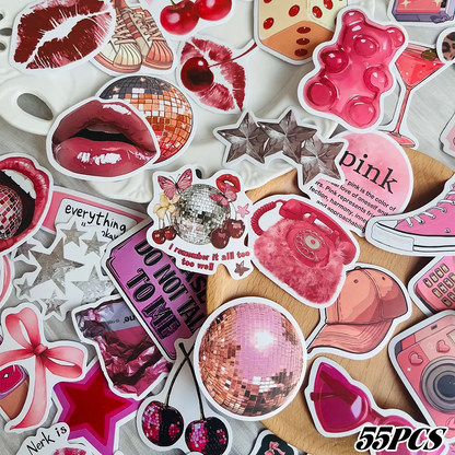 55pcs Pink Y2K Girl Stickers Waterproof PVC Gift Cartoon Decorations Scrapbook Notebook Bag Water Bottle Phone Case DIY Stickers