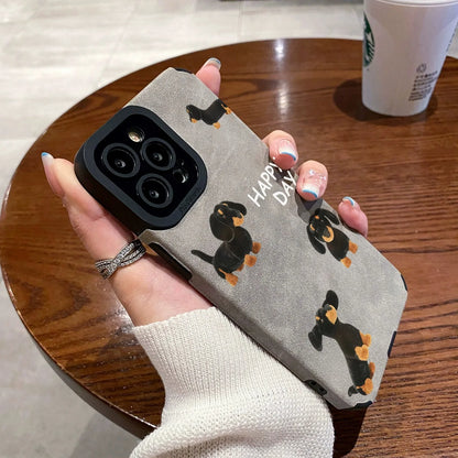 Cute Happy Dog Silicone Leather Phone Case For iPhone 14 12 11 13 15 Pro Max Mini 16 Plus 17 ProMax Air Soft Shockproof Cover