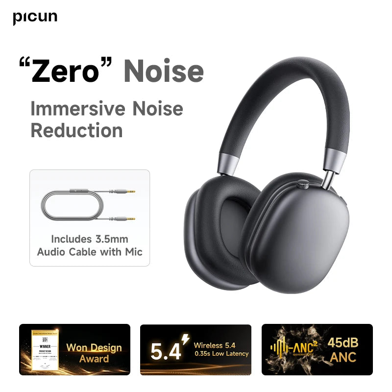 Picun F5 ANC Wireless Bluetooth 5.3 Headphones Hi-Res Audio Over Ear Headset 25dB Adaptive Noise Cancellation Earphones 50H