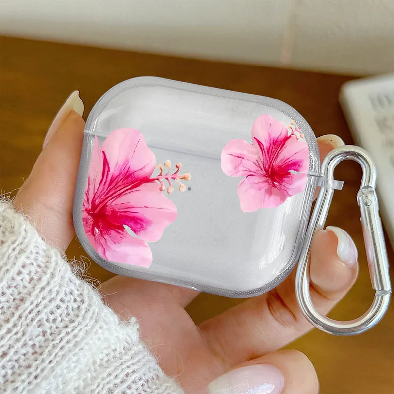 Pink Hibiscus Flower Clear Case for AirPods 4/3/2/1 Earphone Case with Carabiner,Airpod Pro2/Pro3/Pro Shockproof Headphone Case