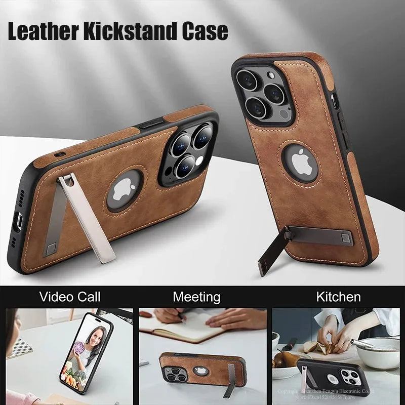 Luxury PU Leather Mobile Phone Case for iPhone 16 15 14 Pro Max Plus 13 12 Mini 11 Mobile Cases with Kickstand Slim Back Cover