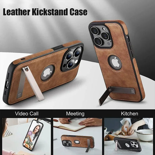 Luxury PU Leather Mobile Phone Case for iPhone 16 15 14 Pro Max Plus 13 12 Mini 11 Mobile Cases with Kickstand Slim Back Cover