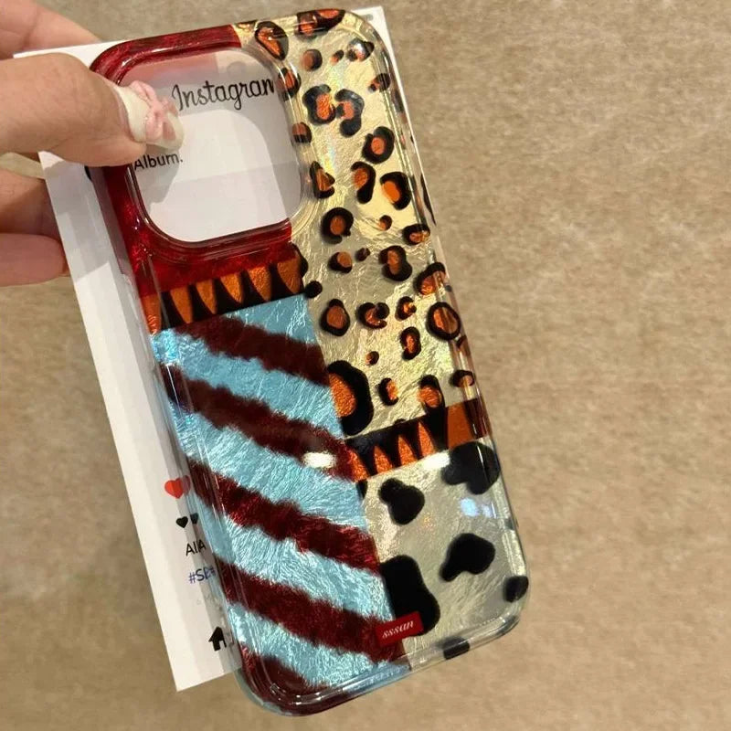 New for iPhone 16promax Phone Case 15plus Splicing Leopard Print 14 13 Zebra Print 12 3D Spherical 11 Non-slip Protective Cover
