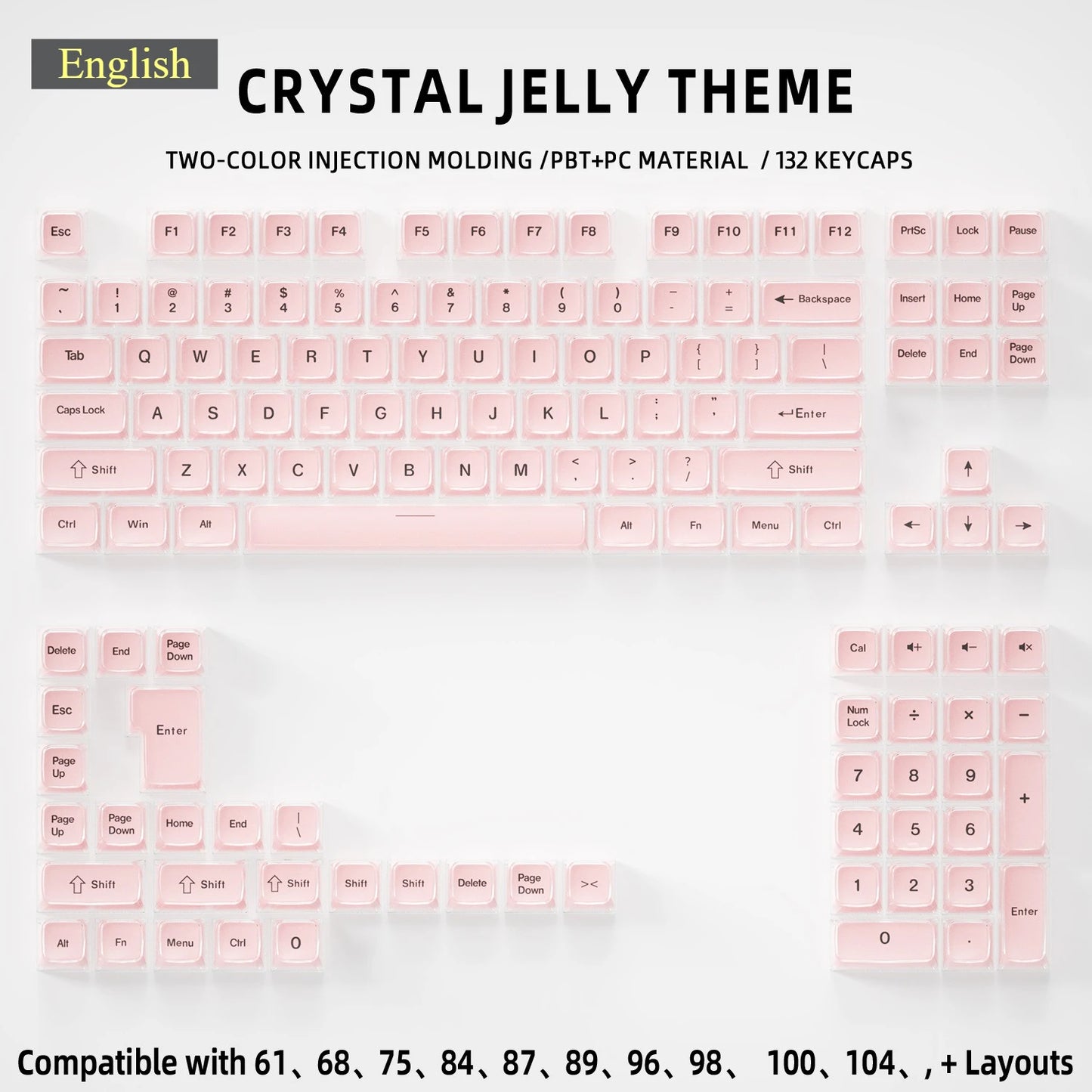 Crystal Jelly Side Front Printed Keycaps for Mechanical Keyboard 60 75 80 100 Layout Key Caps Korean Japanese Русский Arabic