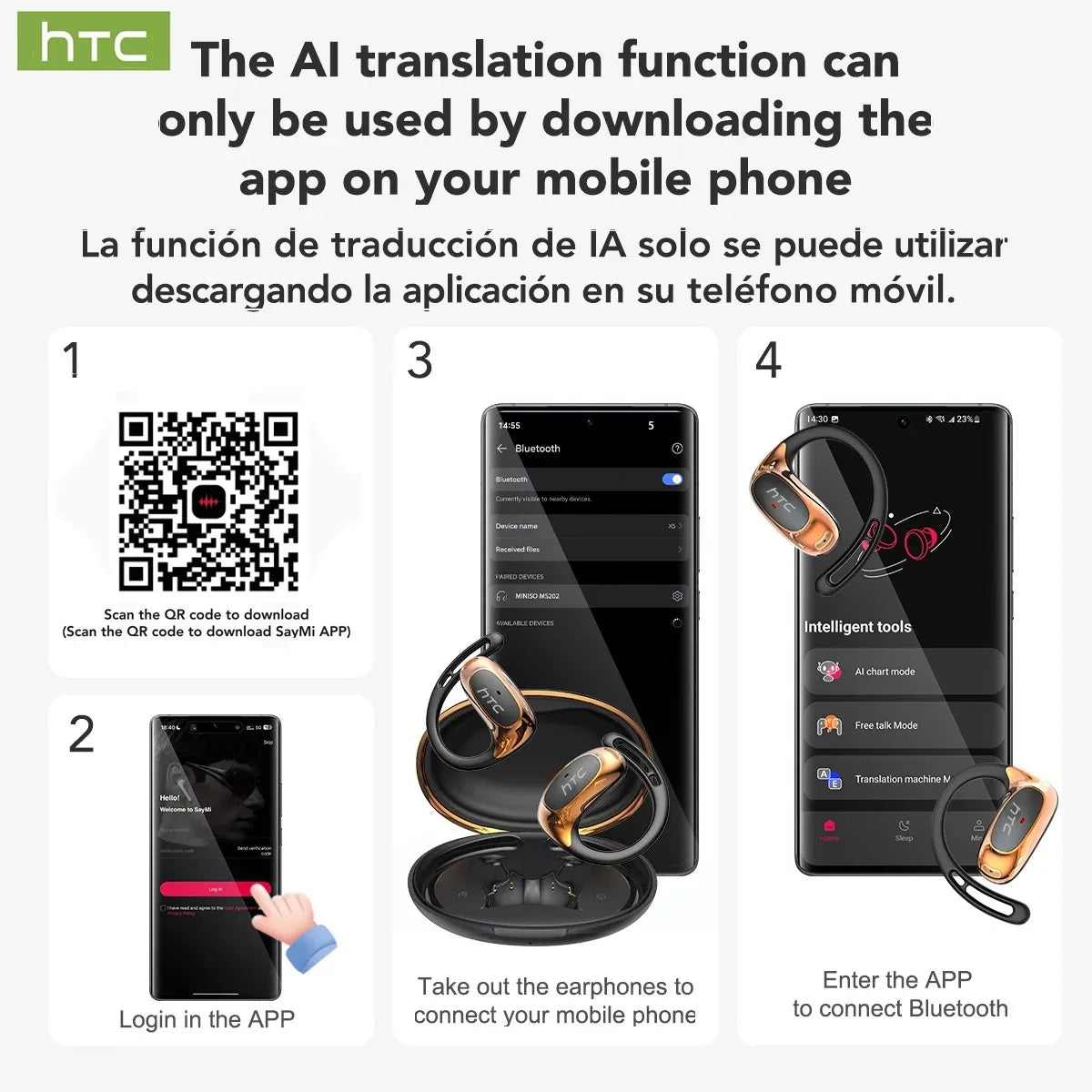HTC NE35  Wireless Headphones OWS Bluetooth V6.0 Earphones with Mic HD Call Bass Longlife Sports Earhook AI Translator Earbuds