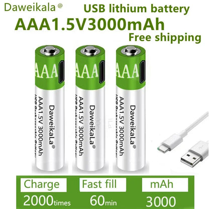 Fast charging 1.5VAAA lithium ion battery with 3000mah capacity and USB rechargeable lithium USB battery for toy keyboard