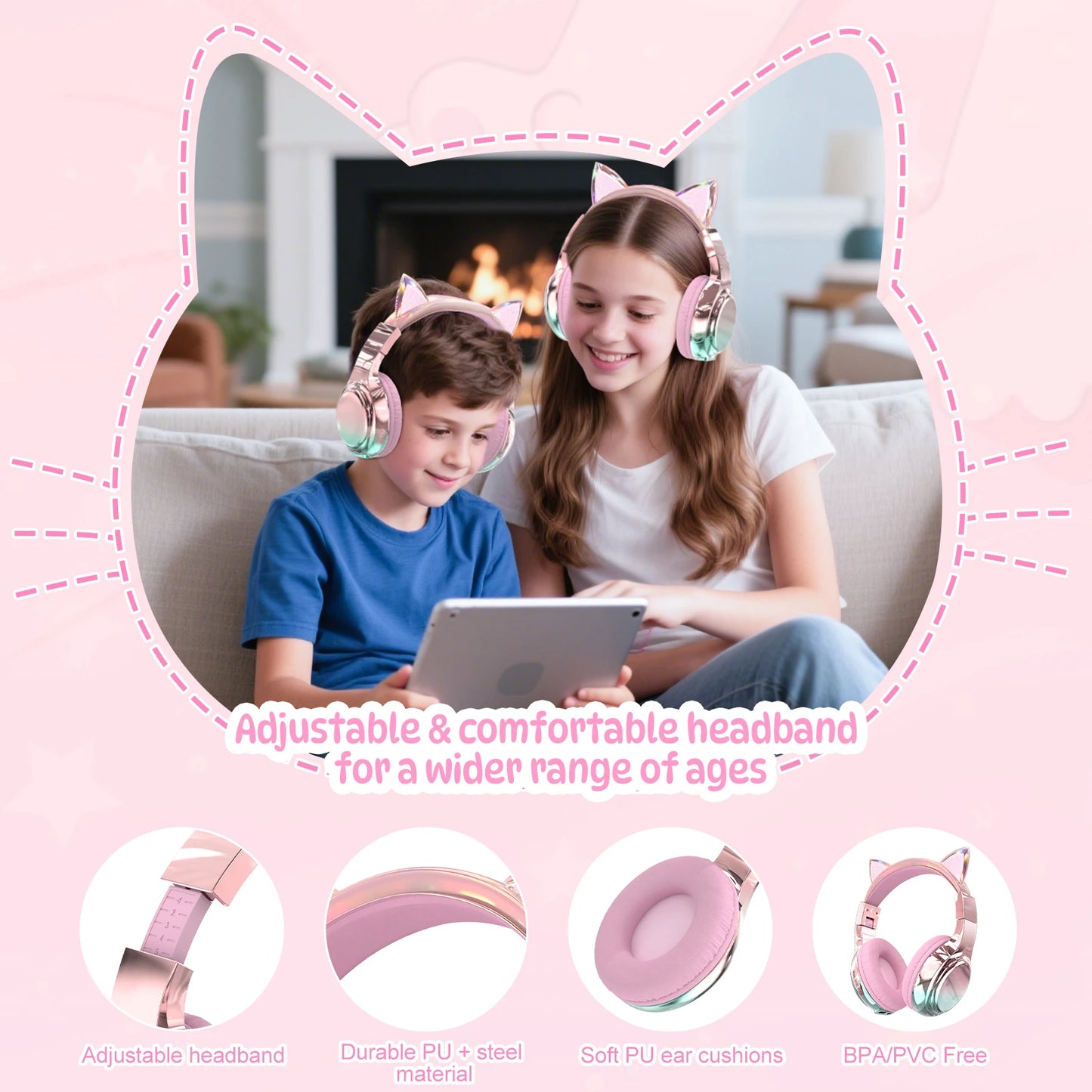 Cat Ear Wireless Headphones for Girls Kids Bluetooth Headphones Safe Volume 74/85/94dB Foldable Children's Headset For Travel