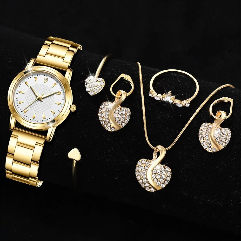 Women's Quartz Watch Gold Luxury Women Ring Necklace Earring Rhinestone Fashion Wristwatch Casual Ladies Watches Jewelry Set ﻿