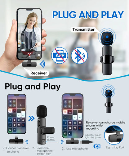 Wireless Lavalier Microphone For iPhone 17 16 15USB C Mini Microphone with Noise Cancellation Lapel Mic for Video Recording Vlog