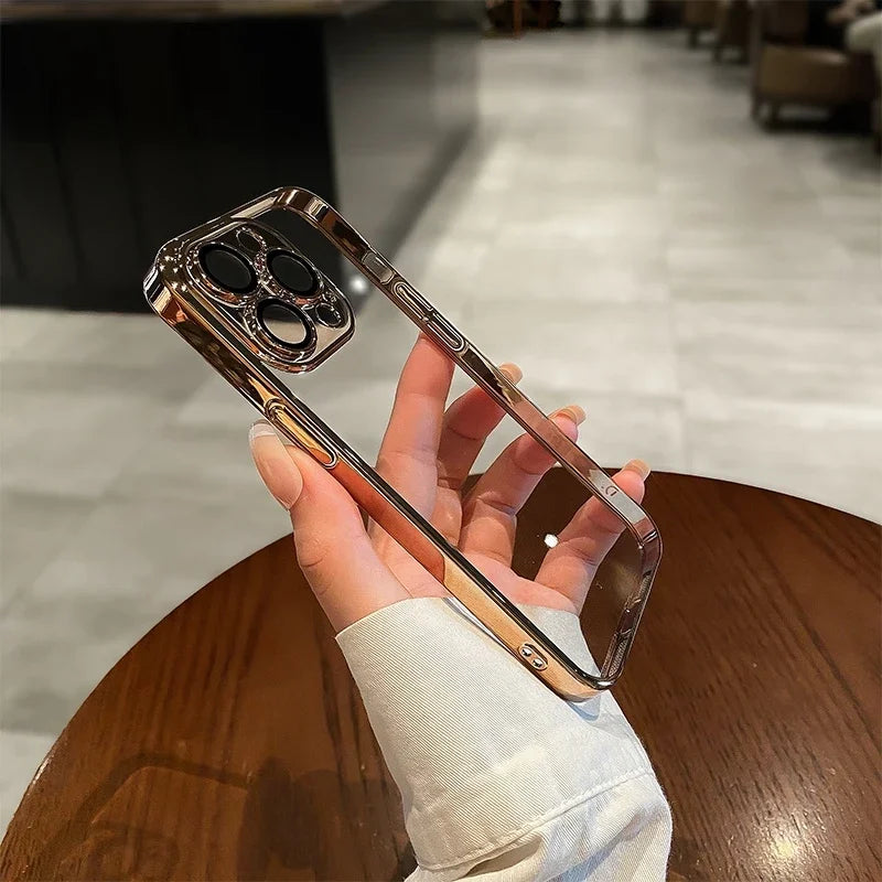 Luxury Plating Clear Silicone Phone Case For iPhone 16 15 14 13 12 11 Pro Max Plus X XR XS Mini Lens Protection Case Back Cover