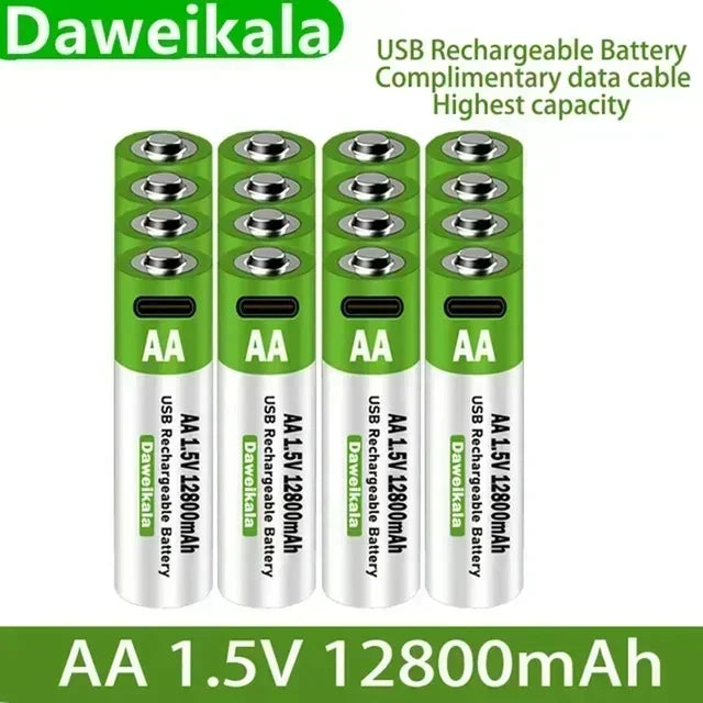 2024 New 1.5V AA USB Rechargeable Battery 12800 mAh Li-ion Battery for Remote Control Mouse Electric Toy Battery + Type-C Cable