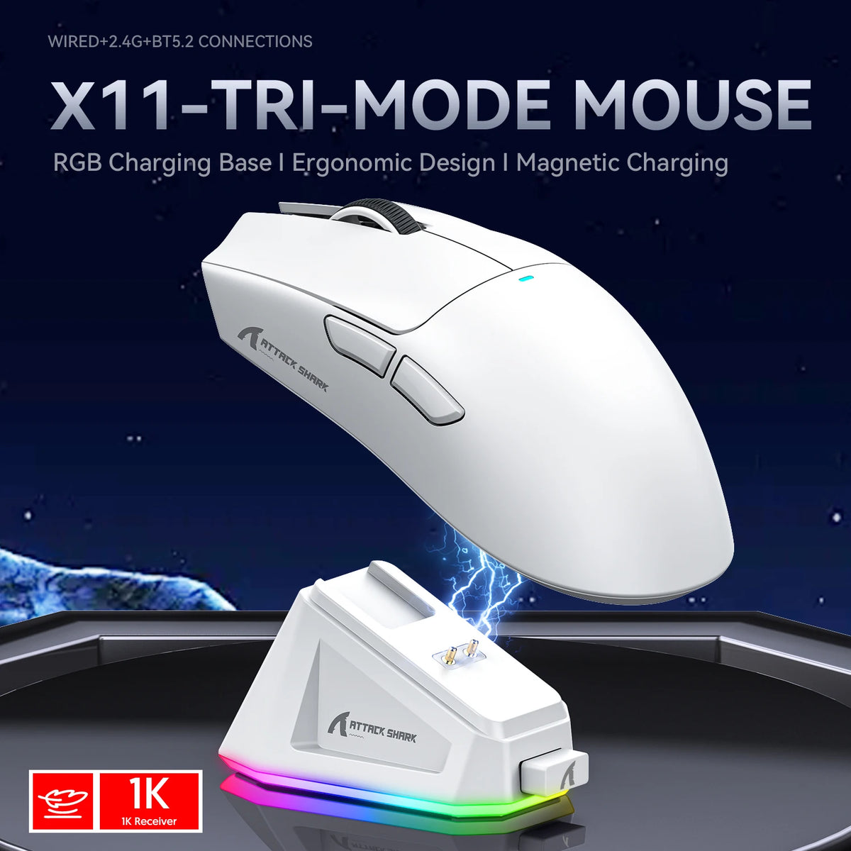 X11 Attack Shark Gaming Mouse Wireless 1K Hz PAW3311 Macro Magnetic RGB Docking Charger for Gaming