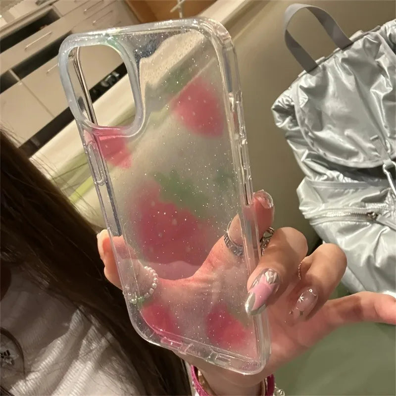 Cute Glitter Strawberry Clear Phone Case For iPhone 17 16 15 14 13 12 11 Pro Max 16E XS X XR 7 8 Plus Lovely Bwoknot Soft Cover