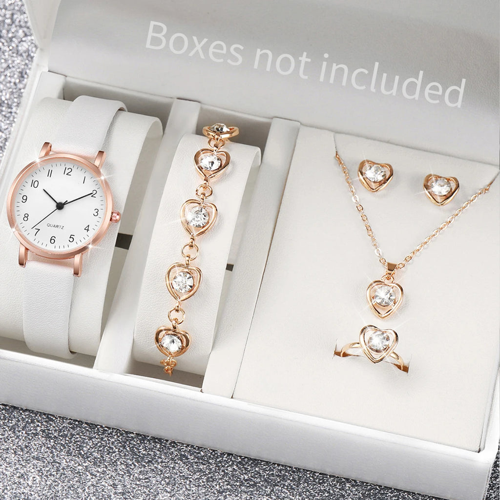 5/6PCS Fashion Women's Quartz Watch Leather Band Analog Quartz Watches with Diamond Jewelry (Without Box)