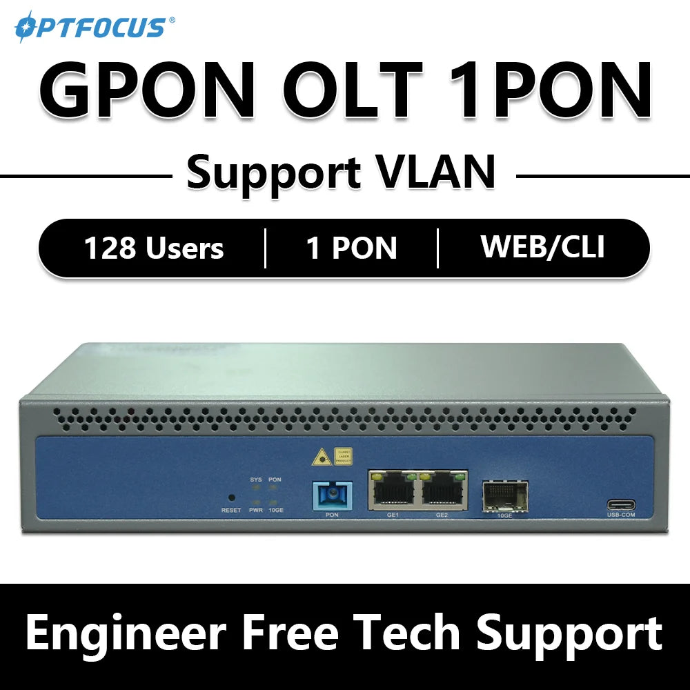 OPTFOCUS GPON OLT 1PON 128 ONU 10G Uplink C+ GBIC SFP 100-240V AC 12V DC Power MINI GPON OLT 1 Port