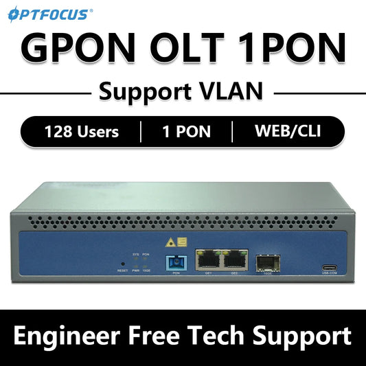 OPTFOCUS GPON OLT 1PON 128 ONU 10G Uplink C+ GBIC SFP 100-240V AC 12V DC Power MINI GPON OLT 1 Port