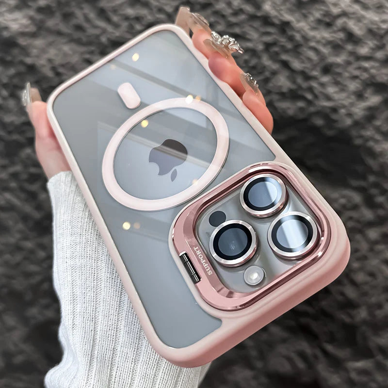 Luxury Lens Holder Transparent Magnetic Wireless Charge Case For iPhone 11 12 13 14 15 16 17 Air Pro Max Plus Shockproof Cover