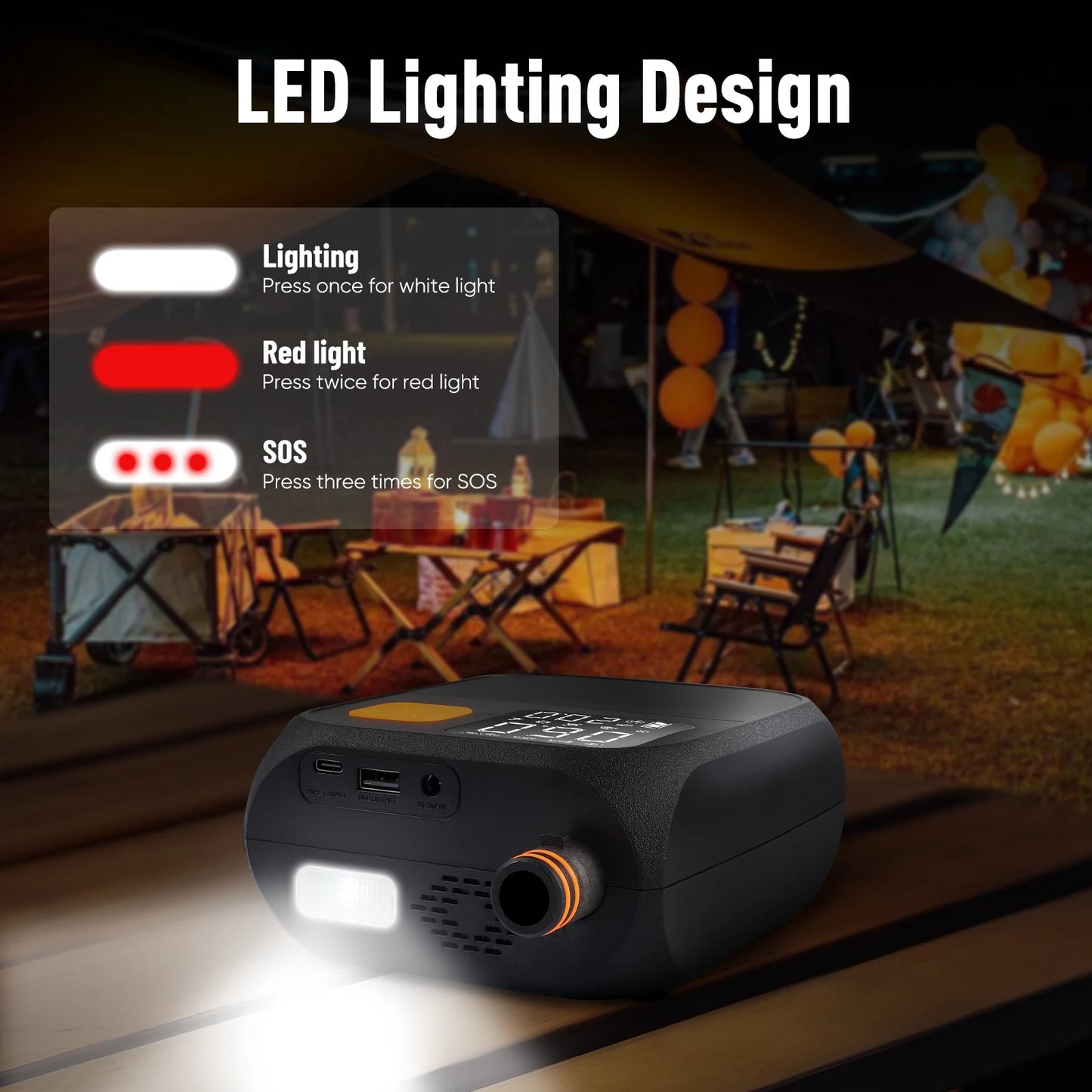 SUP Electric Pump 25PSI Electric SUP Air Pump with LED Light 12V DC 8000mAh Power Bank for Inflatable Paddle Boards Tents