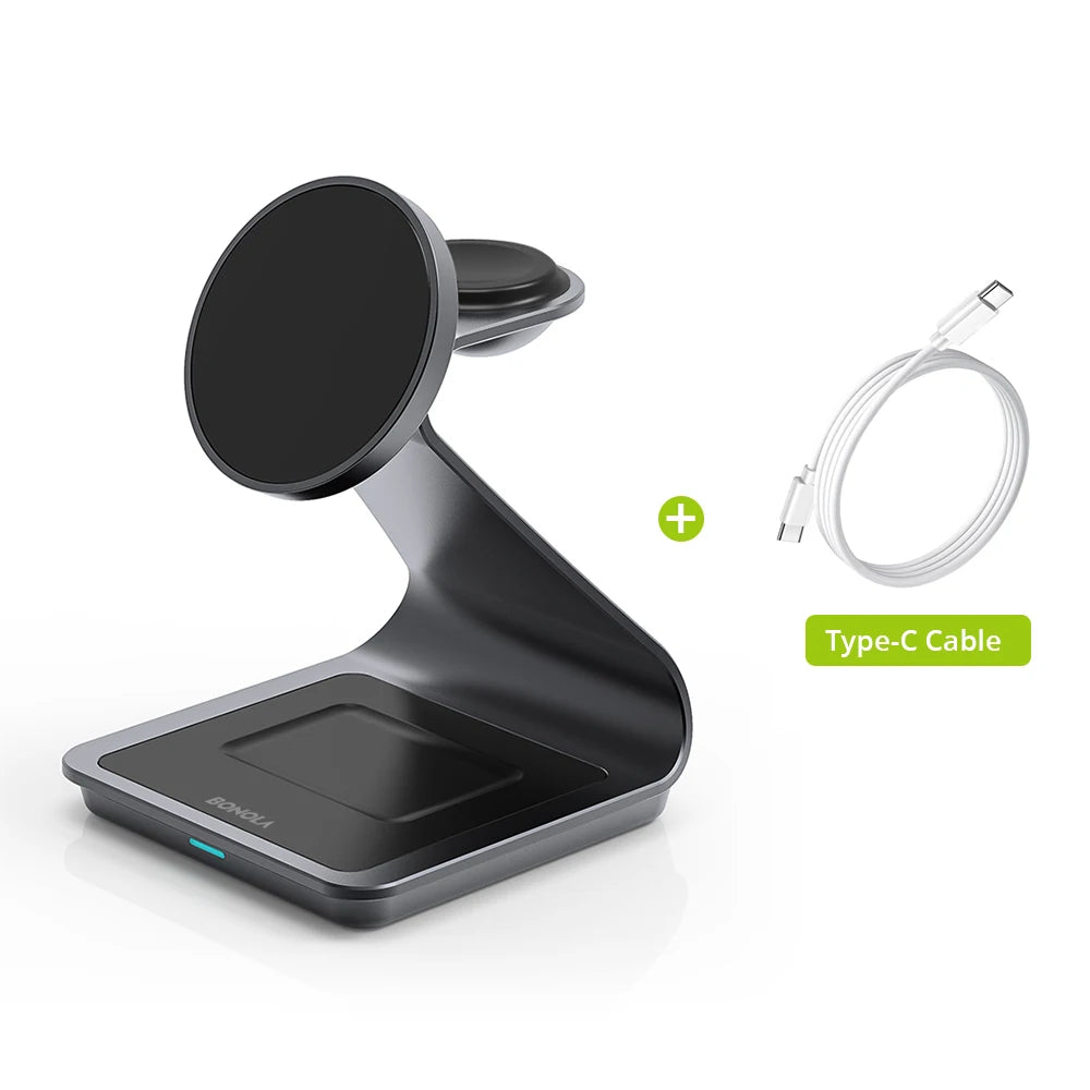 Bonola Magnetic 3 in 1 Charger Metal Stand for iPhone 14/15/16/17 Pro Fast Wireless Charging Desk Holder for Apple Watch/AirPods