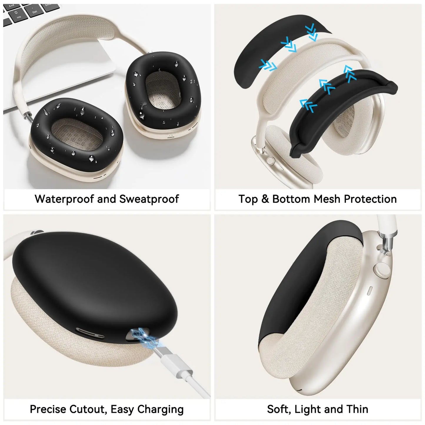 4 in 1 Silicone Case Cover for AirPods Max Headphones, Ear Pad Case Cover/Ear Cups Cover/Headband Cover for AirPod Max -Black