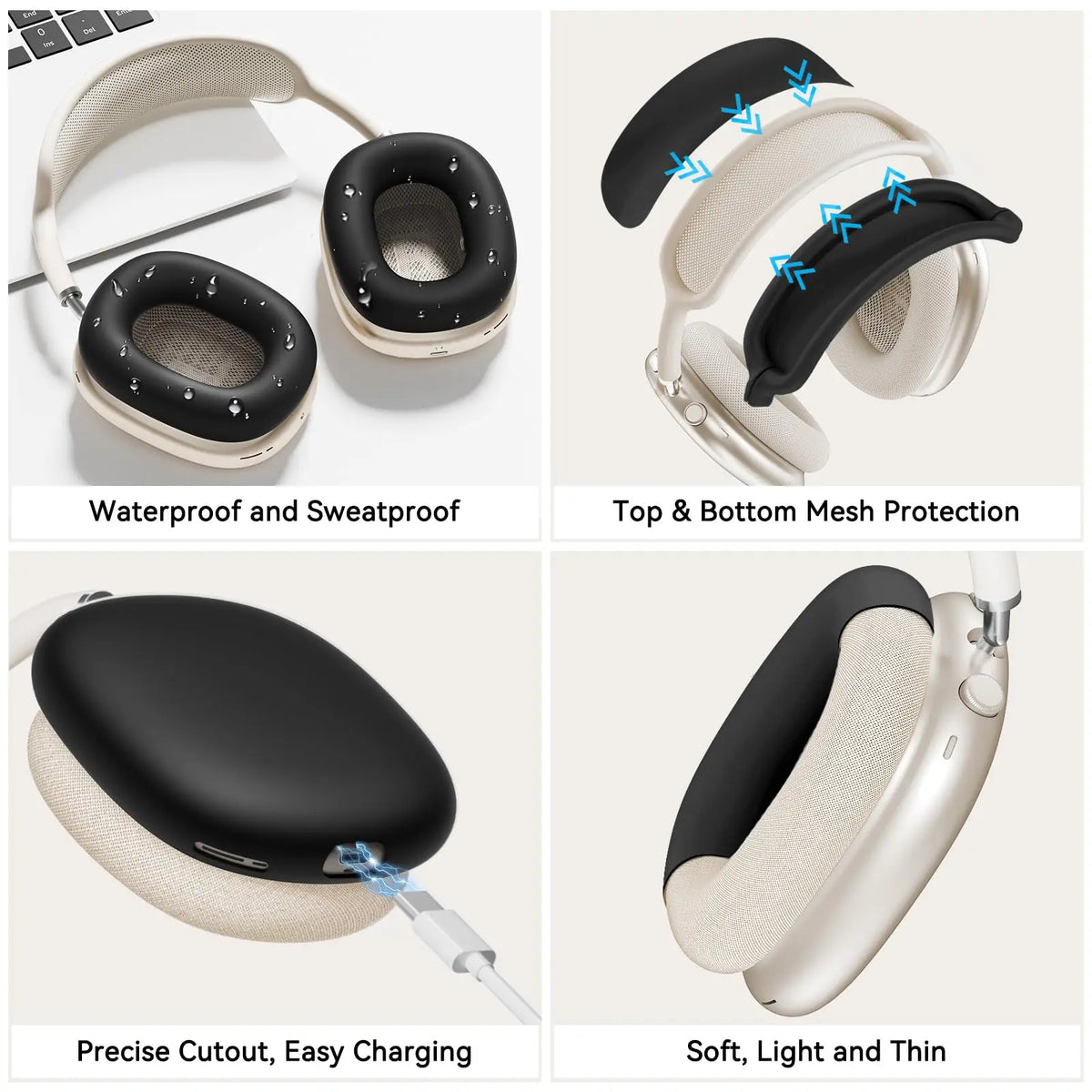 4 in 1 Silicone Case Cover for AirPods Max Headphones, Ear Pad Case Cover/Ear Cups Cover/Headband Cover for AirPod Max -Black