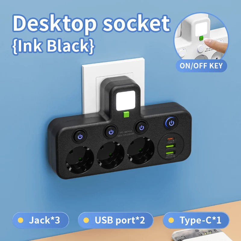 Power Strip EU Plug AC Outlets Multitap Socket Extension Cord Electrical With USB Type C PD Fast Charging Network Filter Adapter